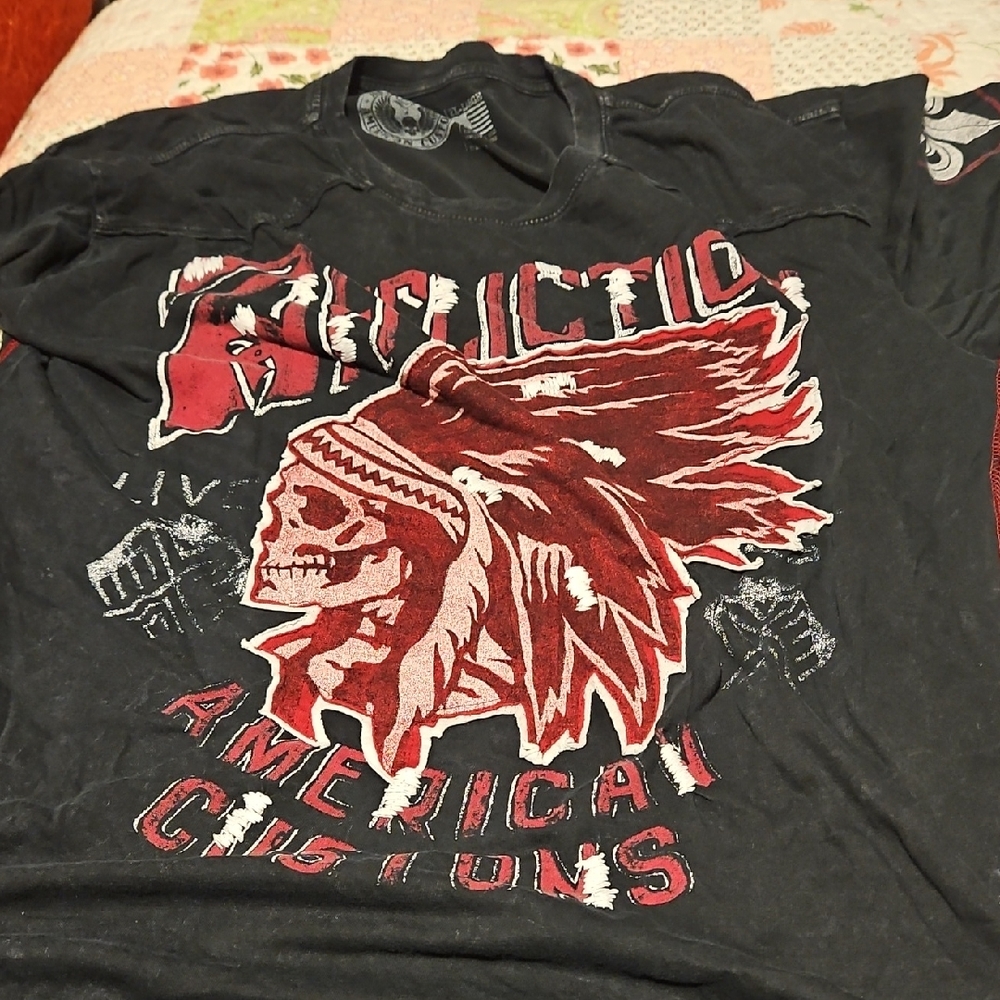 Black Graphic Tee with Red Native Skull Design.affliction